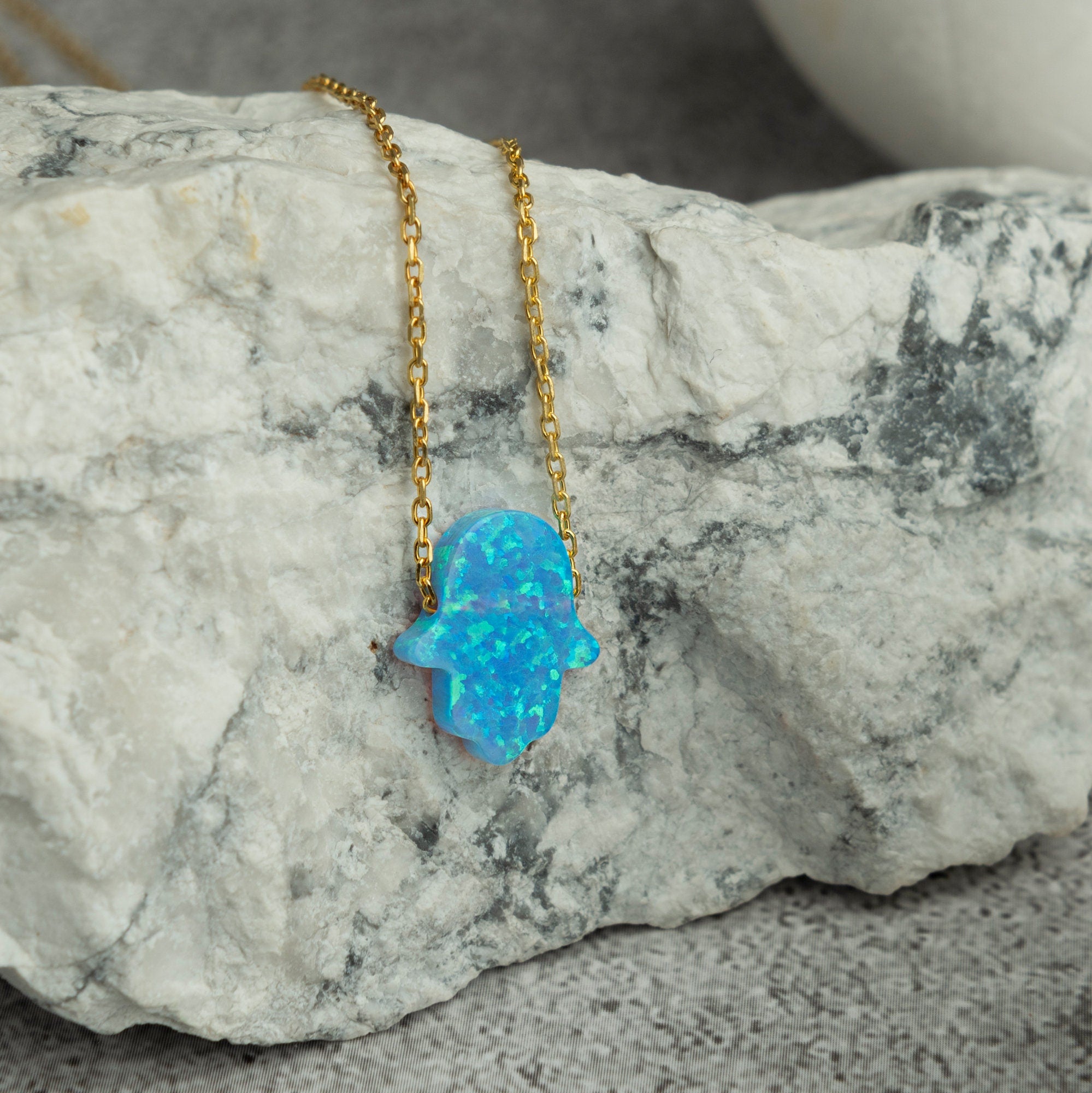 Blue Opal Hamsa Hand Necklace - Main Image