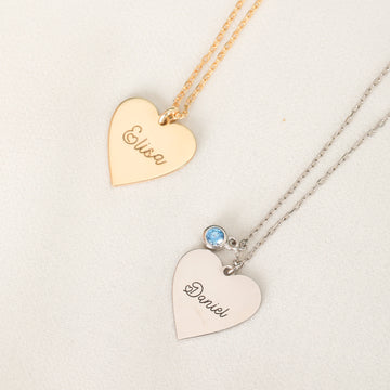 Heart Shape Name Engraved Birthstone Necklace Dainty Gold Filled Personalized Jewelry Name Plate Heart Necklace Mother Day Gift