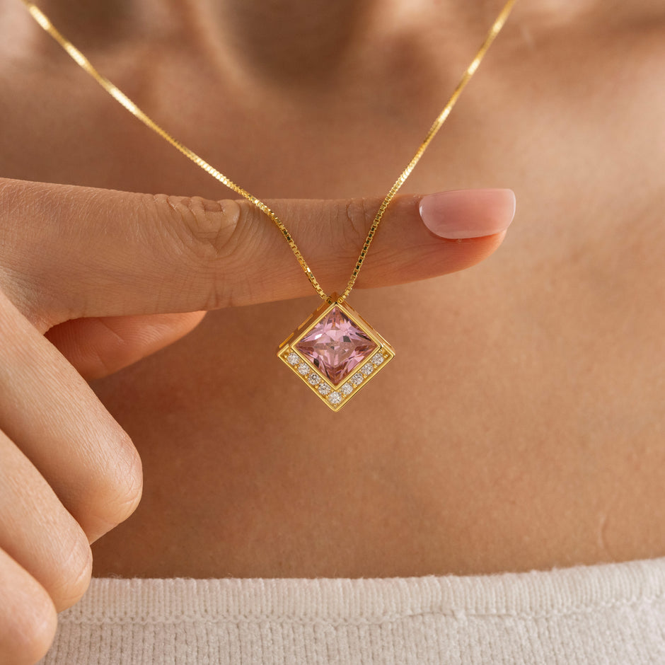 Princess Cut Pink Zircon Geometric Necklace in 925 Sterling Silver