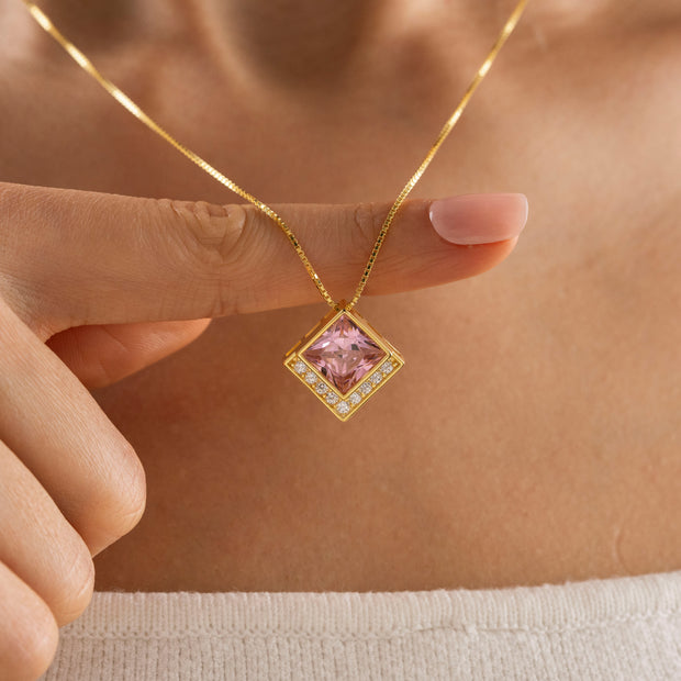 Princess Cut Pink Zircon Geometric Necklace in 925 Sterling Silver
