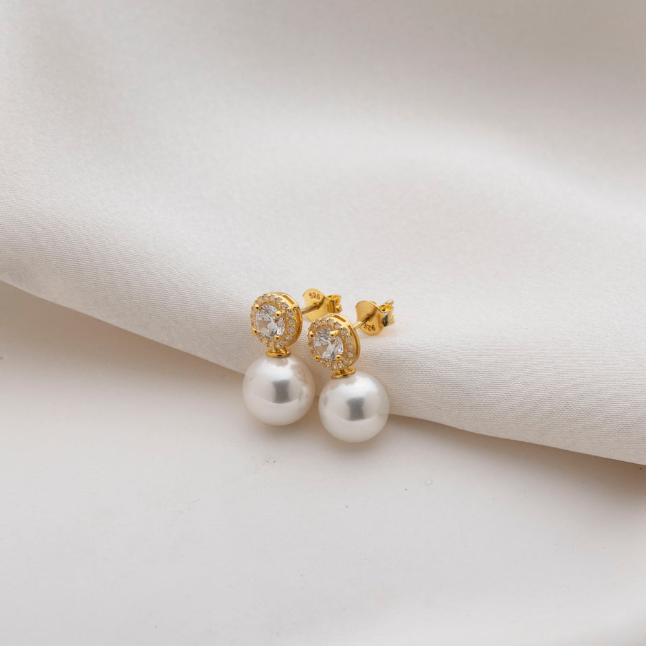 Pearl Drop Earrings Halo 925 Sterling Silver Bridal Pearl Earrings