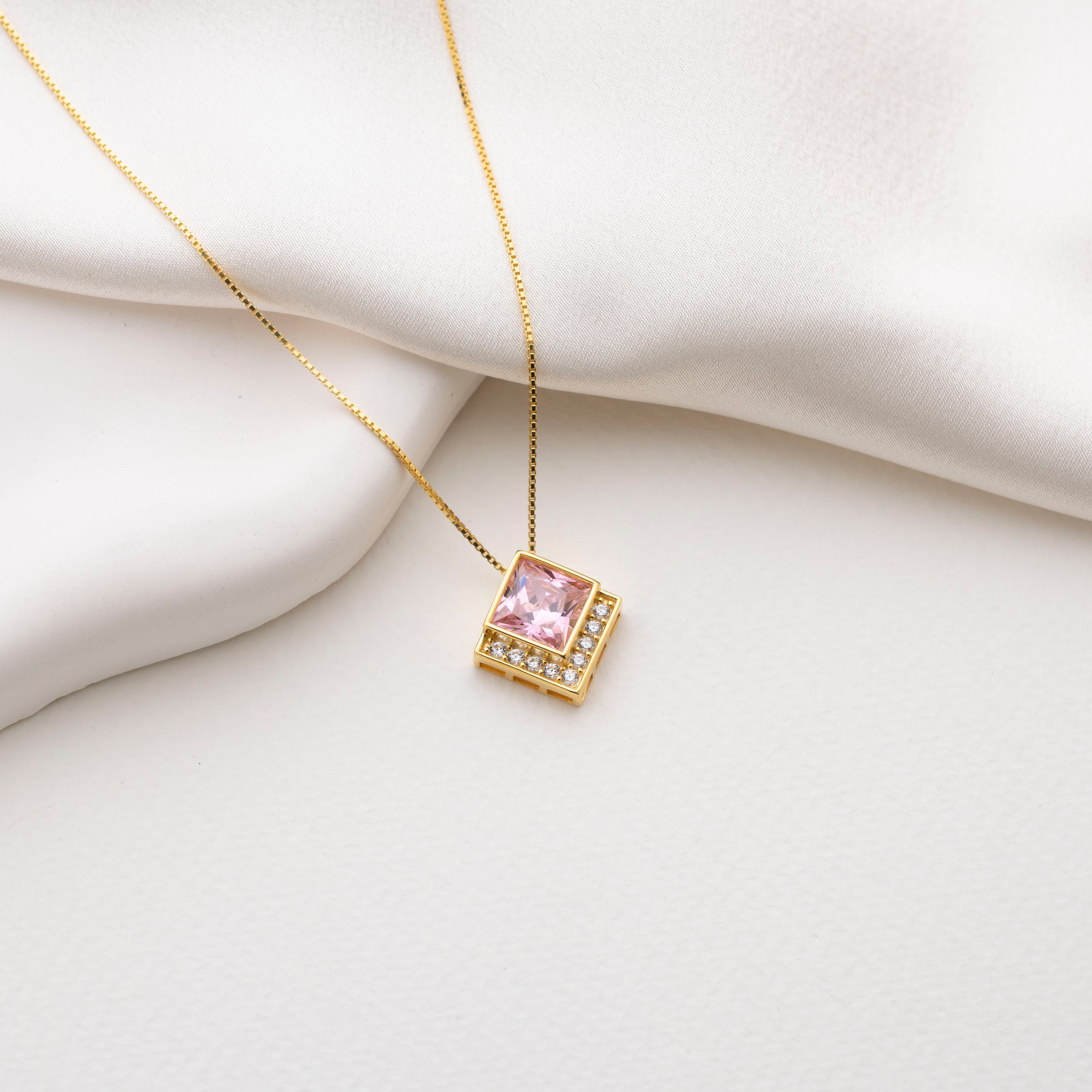 Princess Cut Pink Zircon Geometric Necklace in 925 Sterling Silver