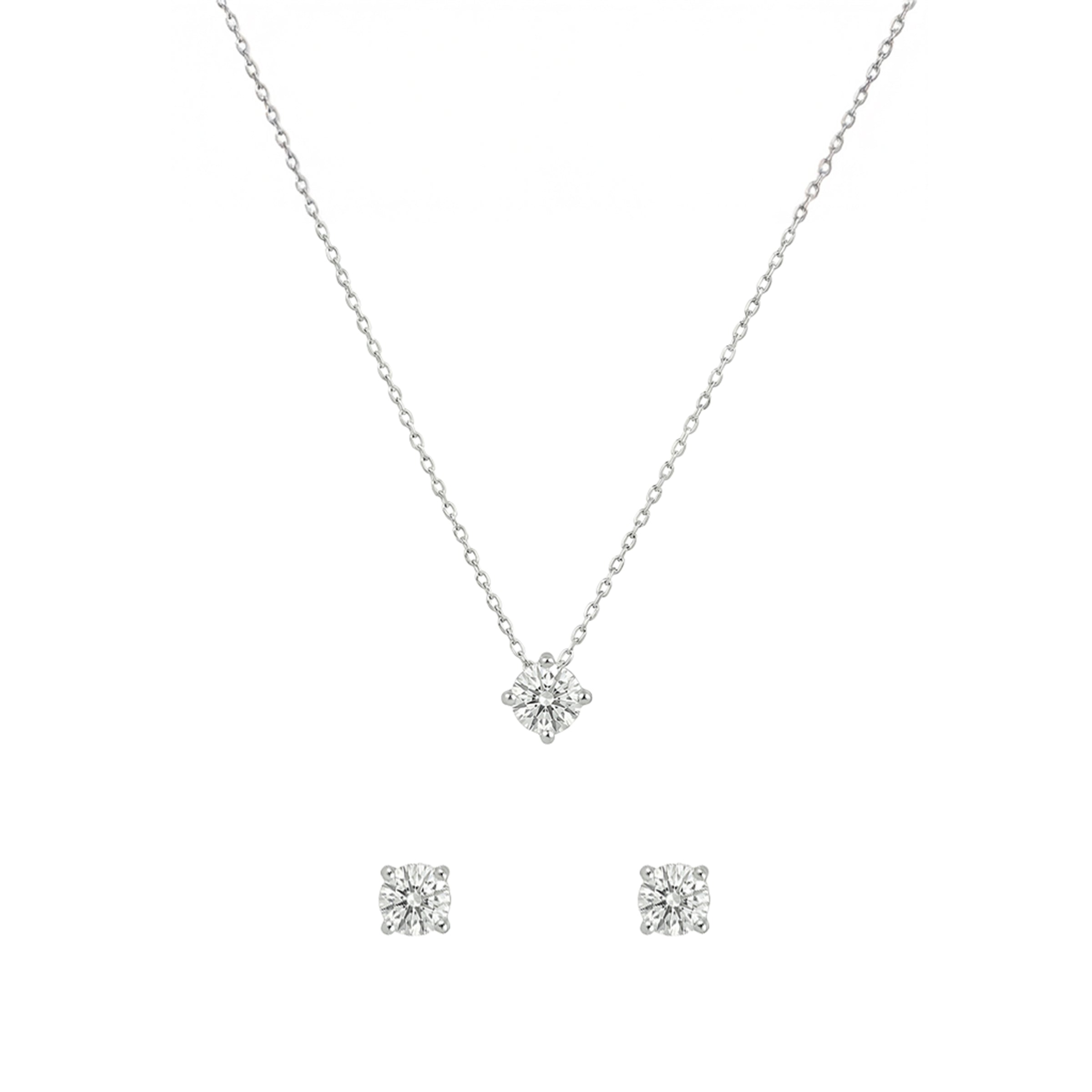 Diamond Necklace & Stud Earrings Set – 925 Sterling Silver - 4mm CZ Stone