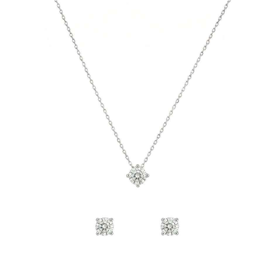 Diamond Necklace & Stud Earrings Set – 925 Sterling Silver - 4mm CZ Stone