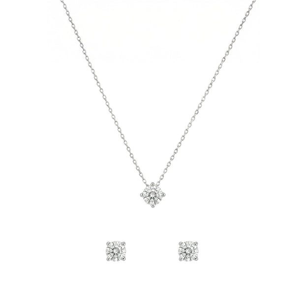 Diamond Necklace & Stud Earrings Set – 925 Sterling Silver - 4mm CZ Stone