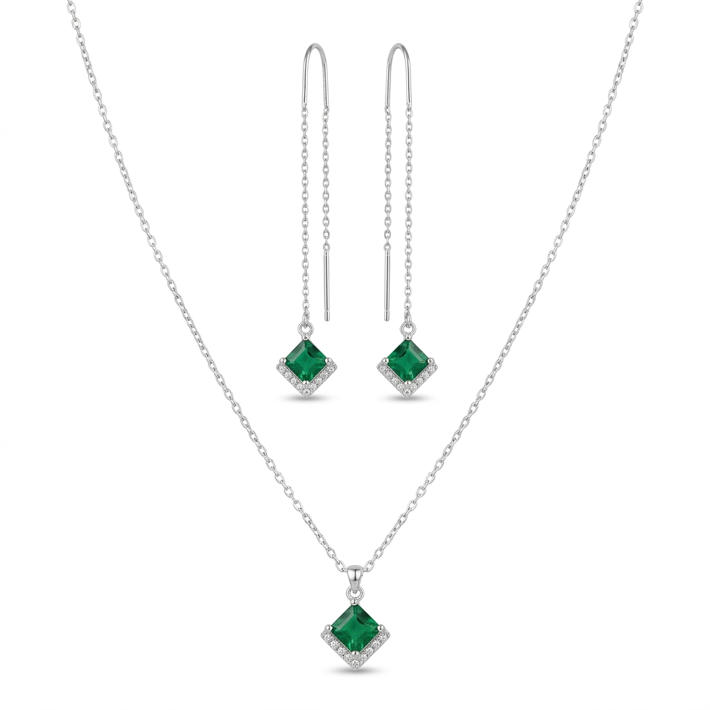 Princess Cut Pave Green Emerald Jewelry Set