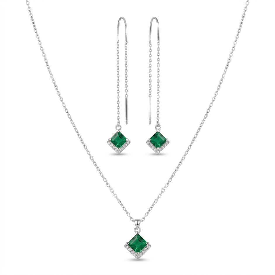 Princess Cut Pave Green Emerald Jewelry Set