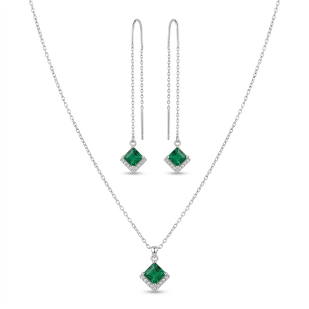 Princess Cut Pave Green Emerald Jewelry Set