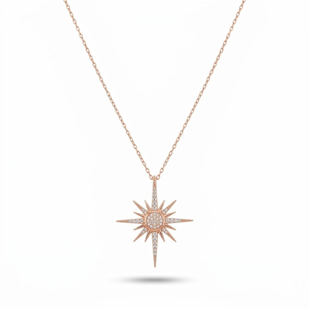 Handmade North Star Pave Necklace 925 Sterling Silver Celestial Compass Pendant
