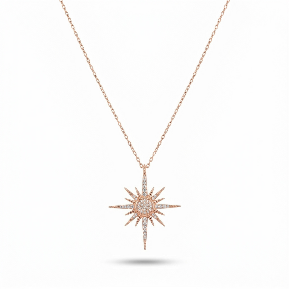 Handmade North Star Pave Necklace 925 Sterling Silver Celestial Compass Pendant