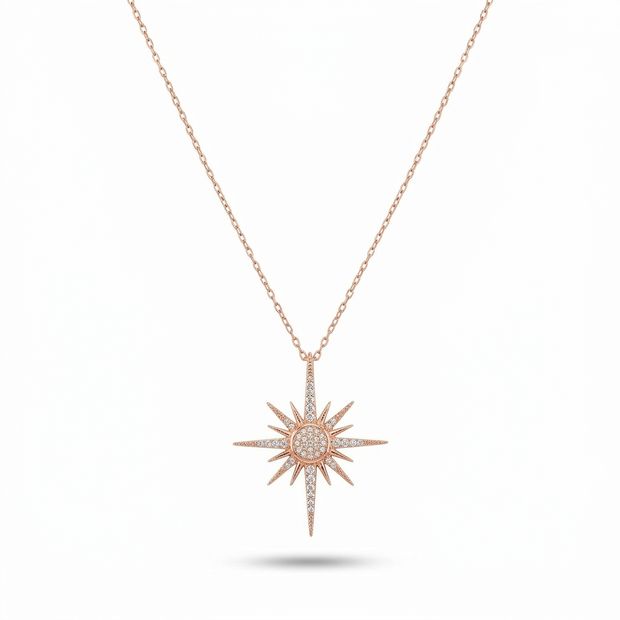 Handmade North Star Pave Necklace 925 Sterling Silver Celestial Compass Pendant