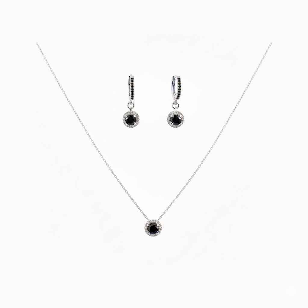 925 Sterling Silver Black Zircon Halo Necklace & Earrings Set