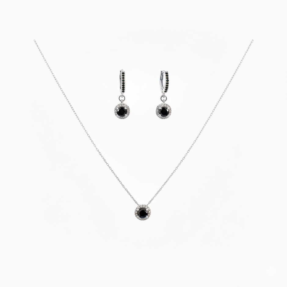 925 Sterling Silver Black Zircon Halo Necklace & Earrings Set