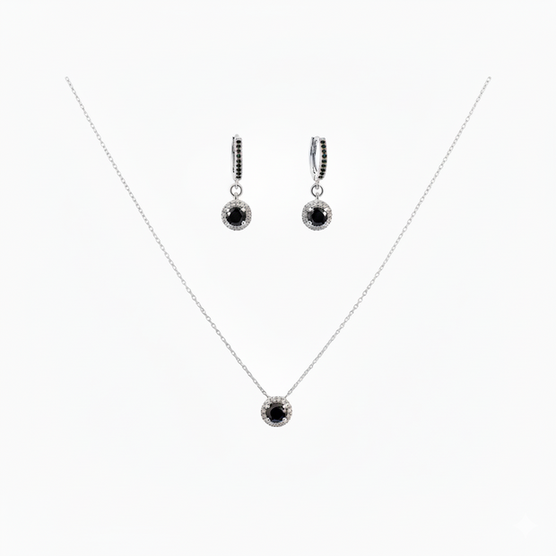 925 Sterling Silver Black Zircon Halo Necklace & Earrings Set