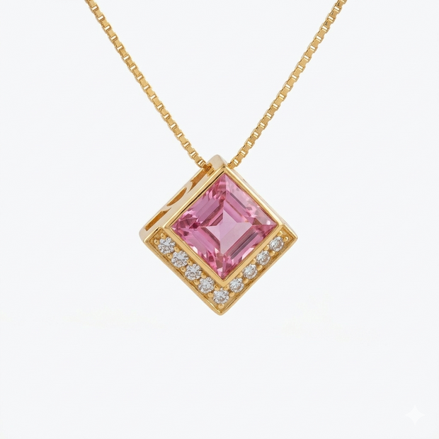 Princess Cut Pink Zircon Geometric Necklace in 925 Sterling Silver