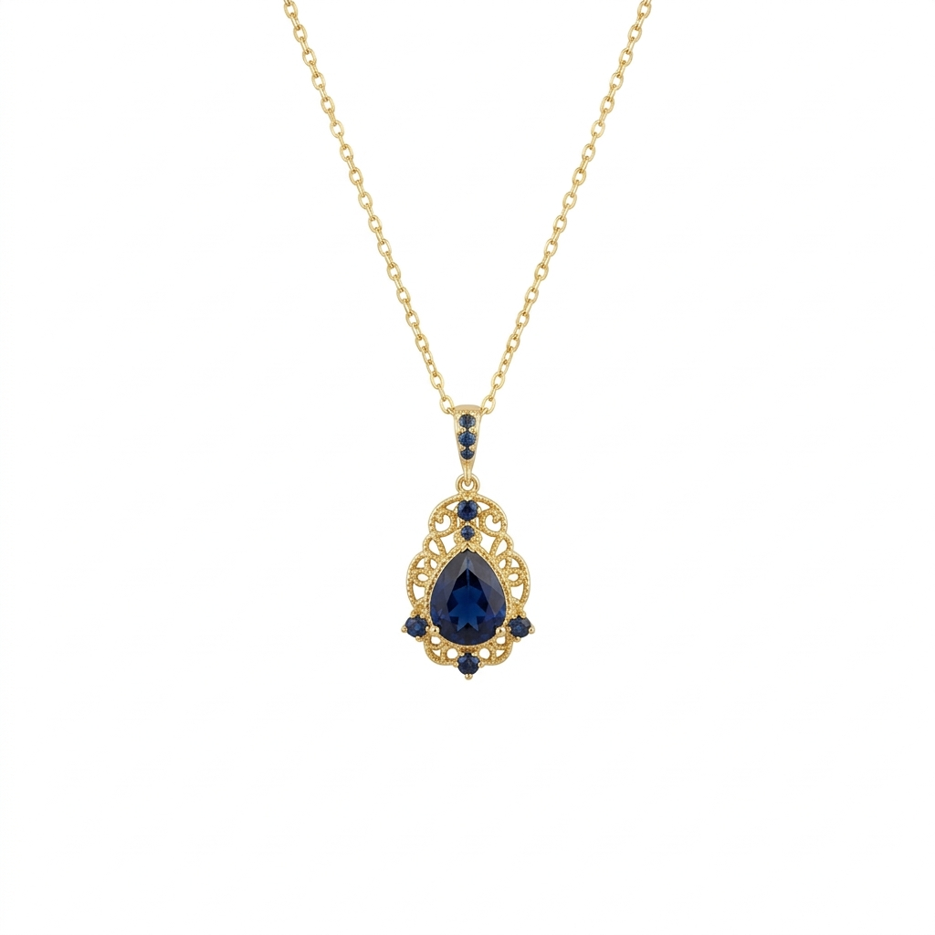 Dainty Pear Cut Blue Stone Pendant, Elegant Victorian Style Gold Necklace