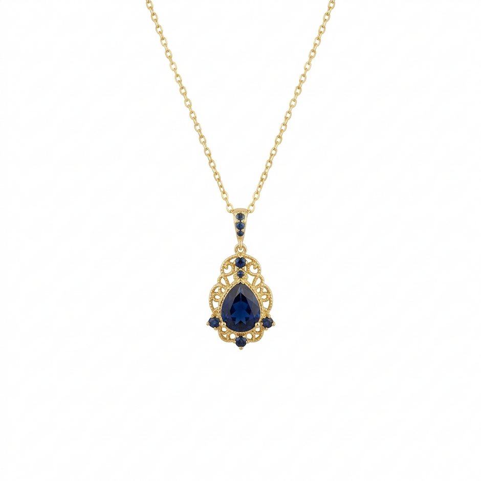 Dainty Pear Cut Blue Stone Pendant, Elegant Victorian Style Gold Necklace
