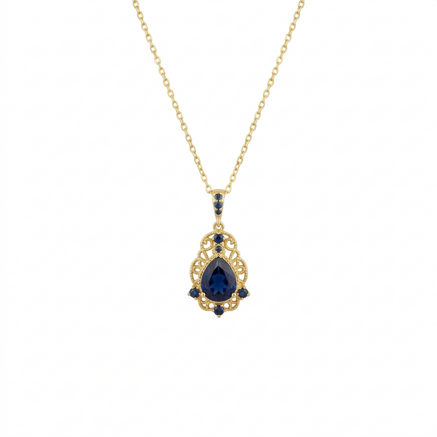 Dainty Pear Cut Blue Stone Pendant, Elegant Victorian Style Gold Necklace