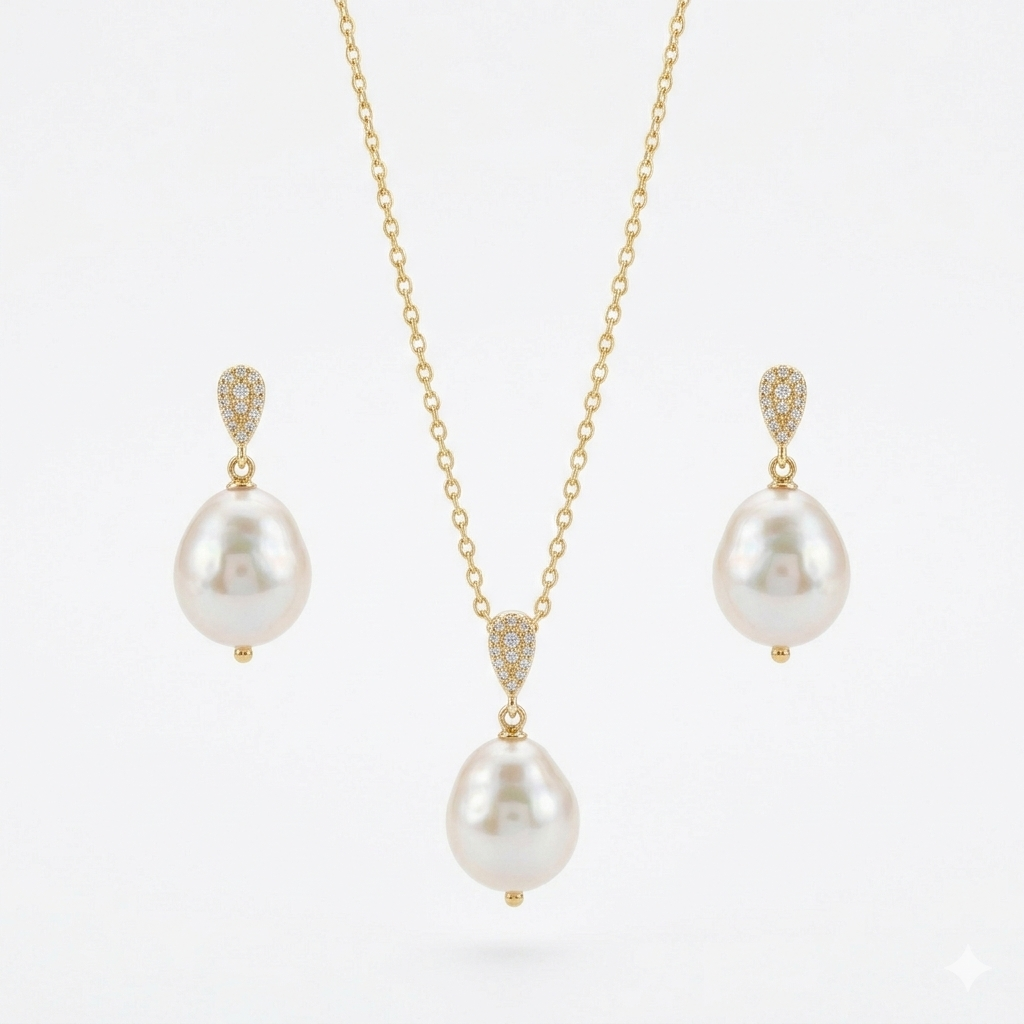 Pearl Necklace and Earrings Set 925 Sterling Silver