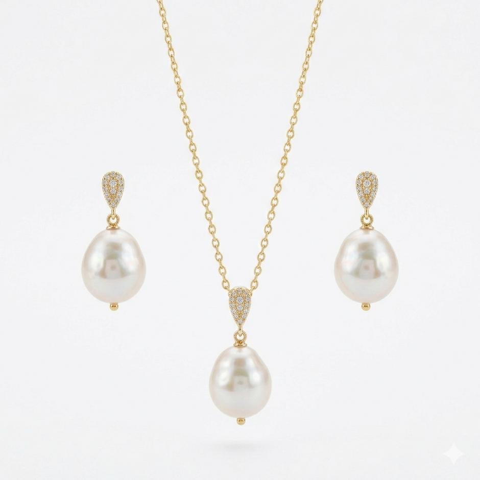 Pearl Necklace and Earrings Set 925 Sterling Silver