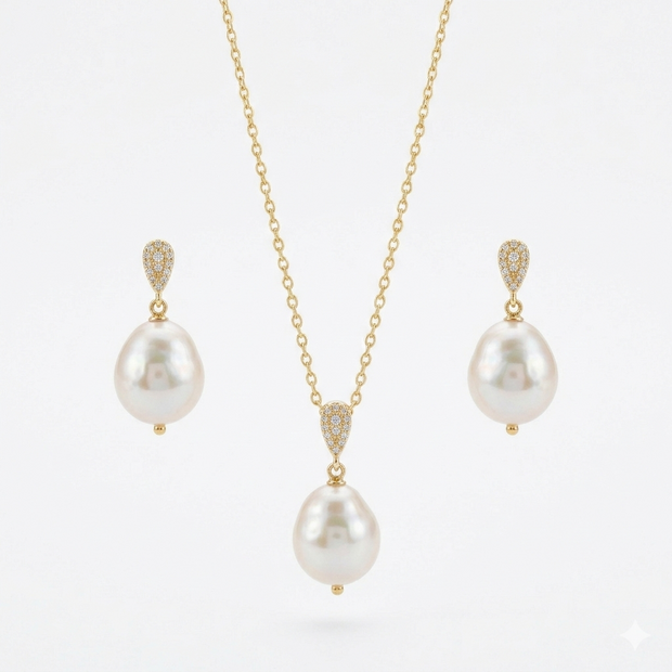 Pearl Necklace and Earrings Set 925 Sterling Silver