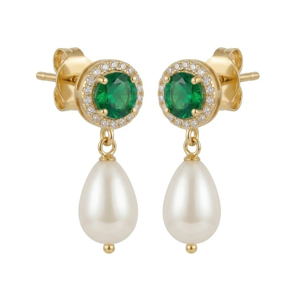 Emerald Halo & Drop Pearl Earrings