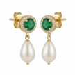 Emerald Halo & Drop Pearl Earrings
