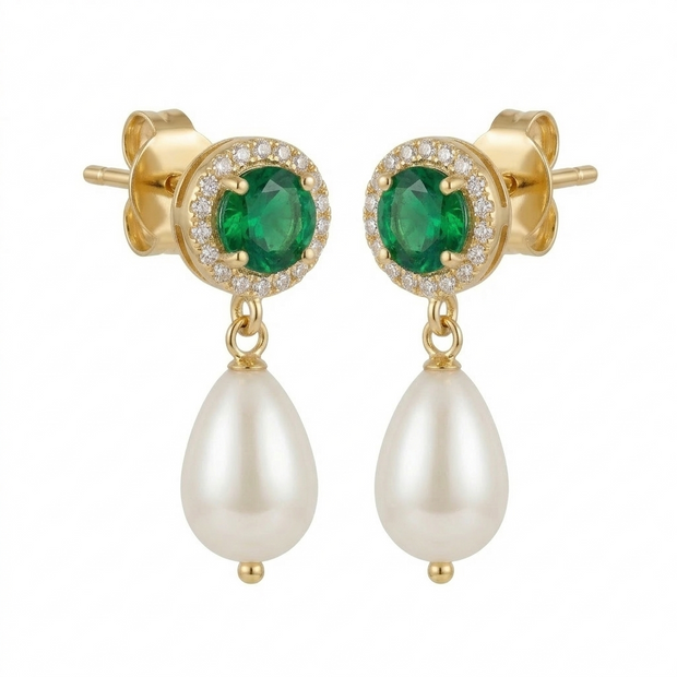 Emerald Halo & Drop Pearl Earrings
