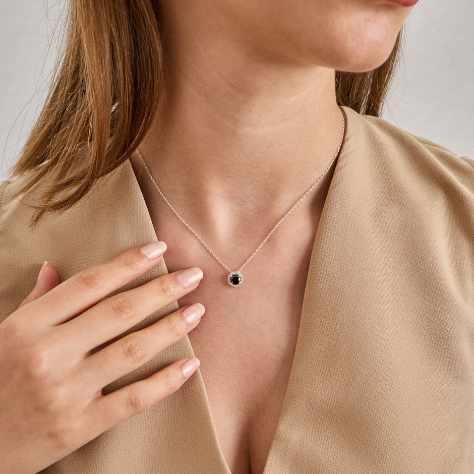 925 Sterling Silver Black Zircon Halo Necklace & Earrings Set