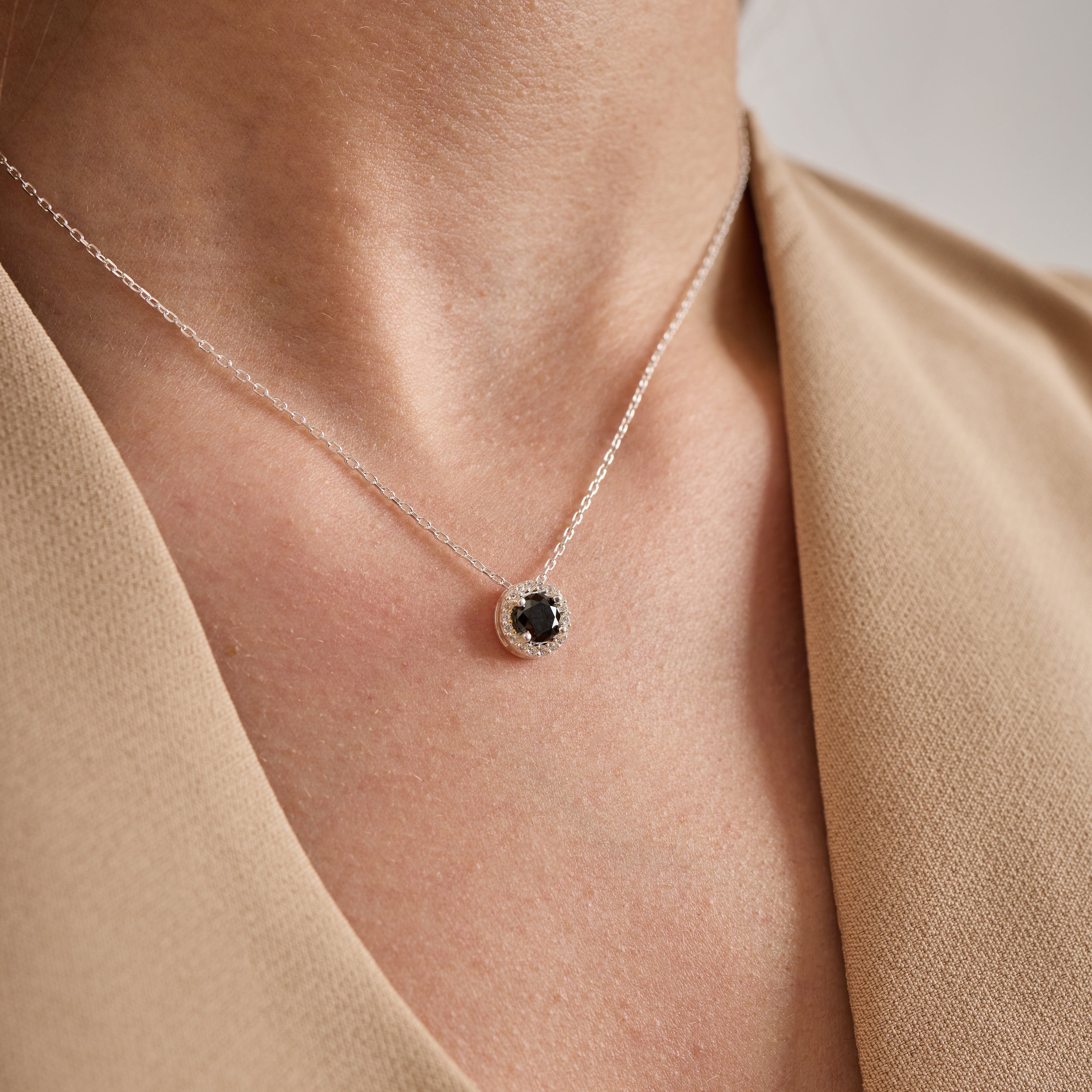 925 Sterling Silver Black Zircon Halo Necklace & Earrings Set