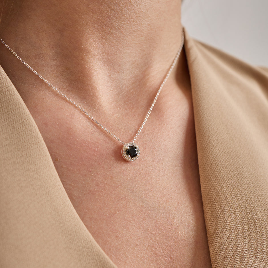 925 Sterling Silver Black Zircon Halo Necklace & Earrings Set