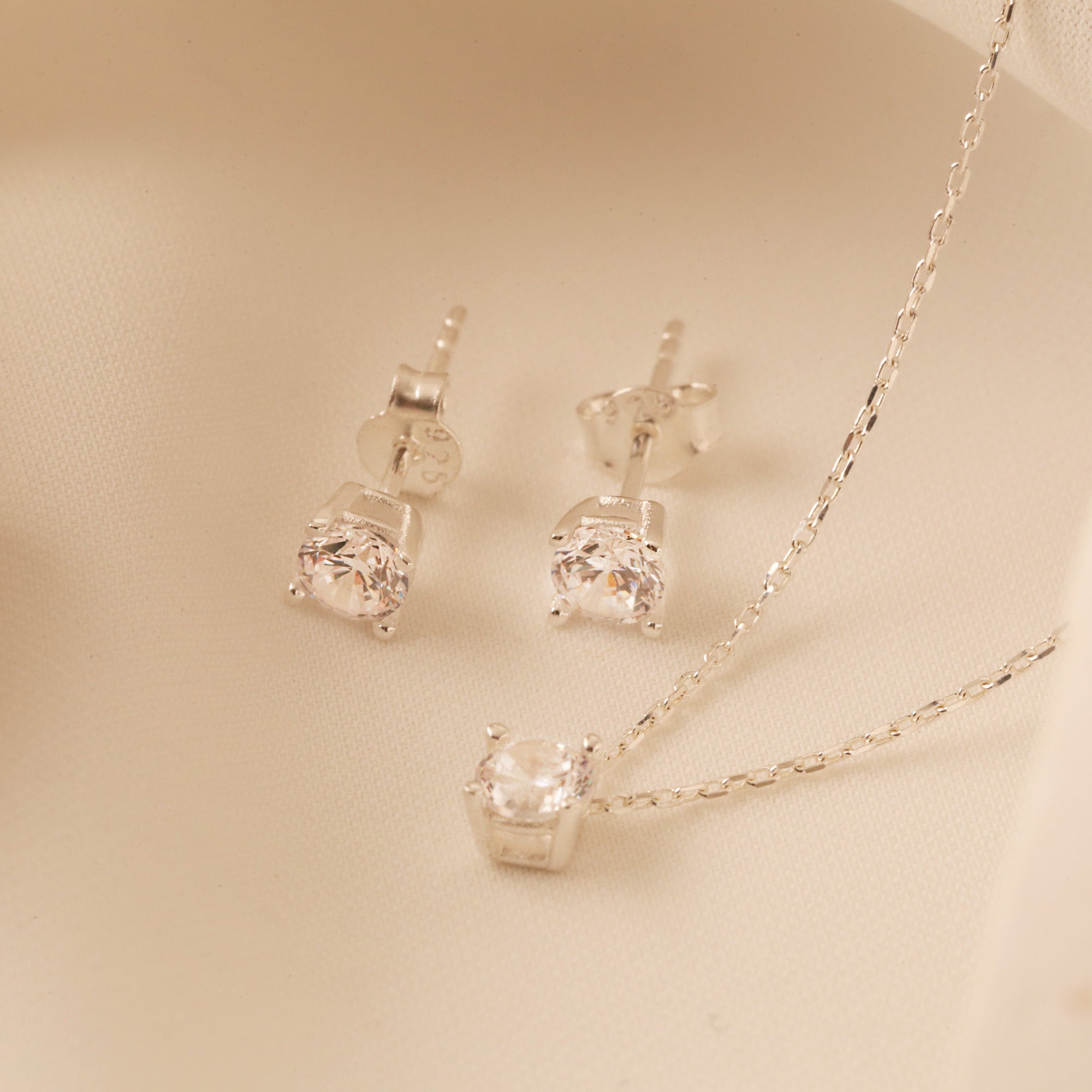 Diamond Necklace & Stud Earrings Set – 925 Sterling Silver - 4mm CZ Stone