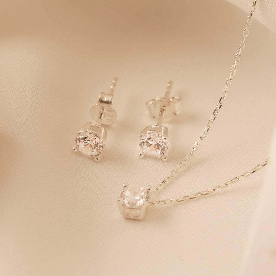Diamond Necklace & Stud Earrings Set – 925 Sterling Silver - 4mm CZ Stone