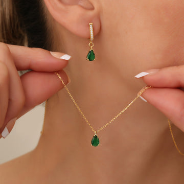 Drop Gold Emerald Earrings Necklace Jewelry Set Pear Emerald Necklace Earrings Jewelry  May Birthstone Necklace Earrings