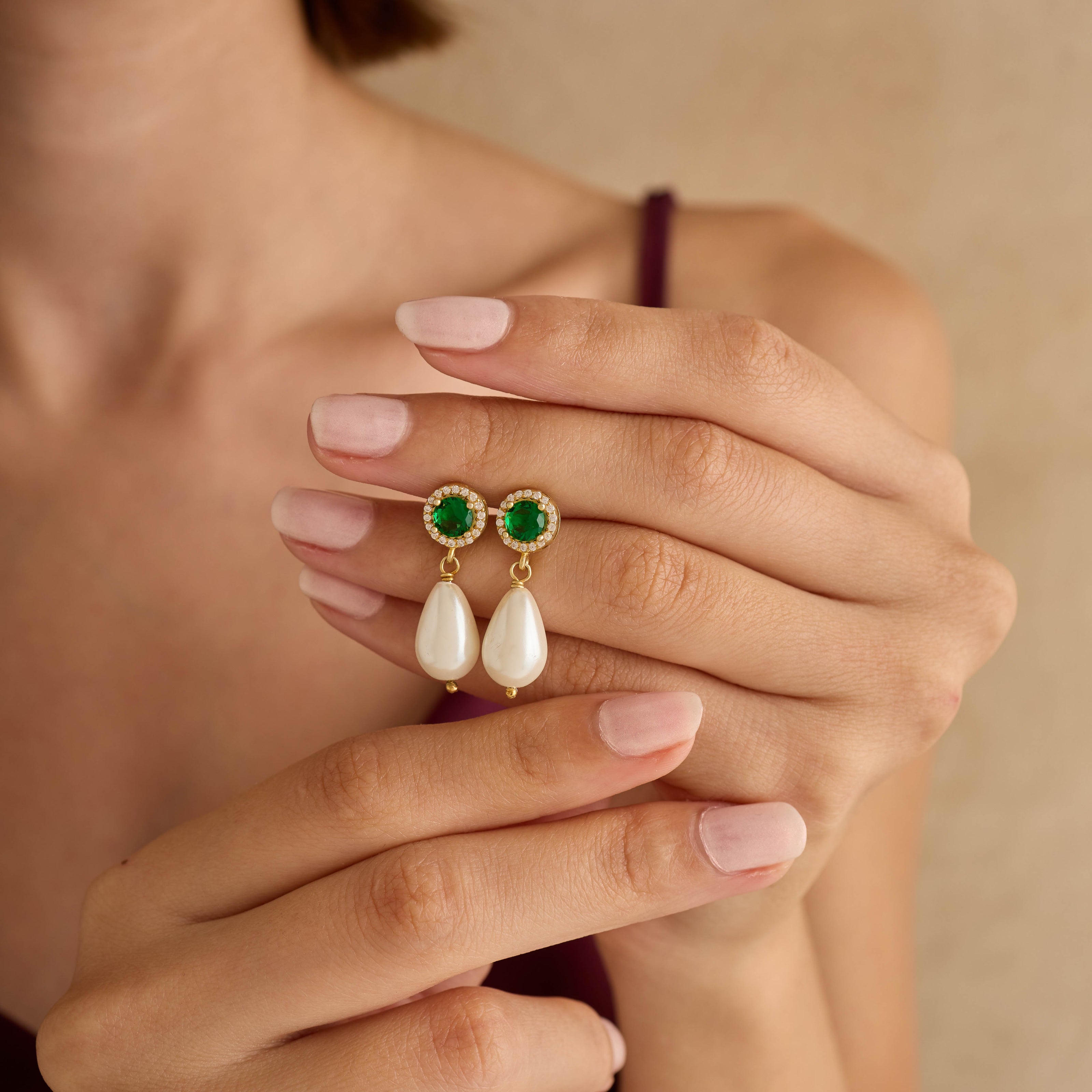 Emerald Halo & Drop Pearl Earrings