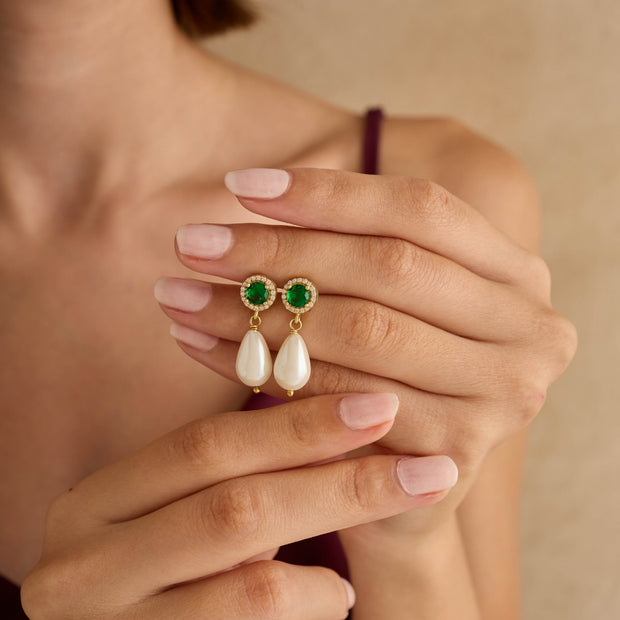 Emerald Halo & Drop Pearl Earrings