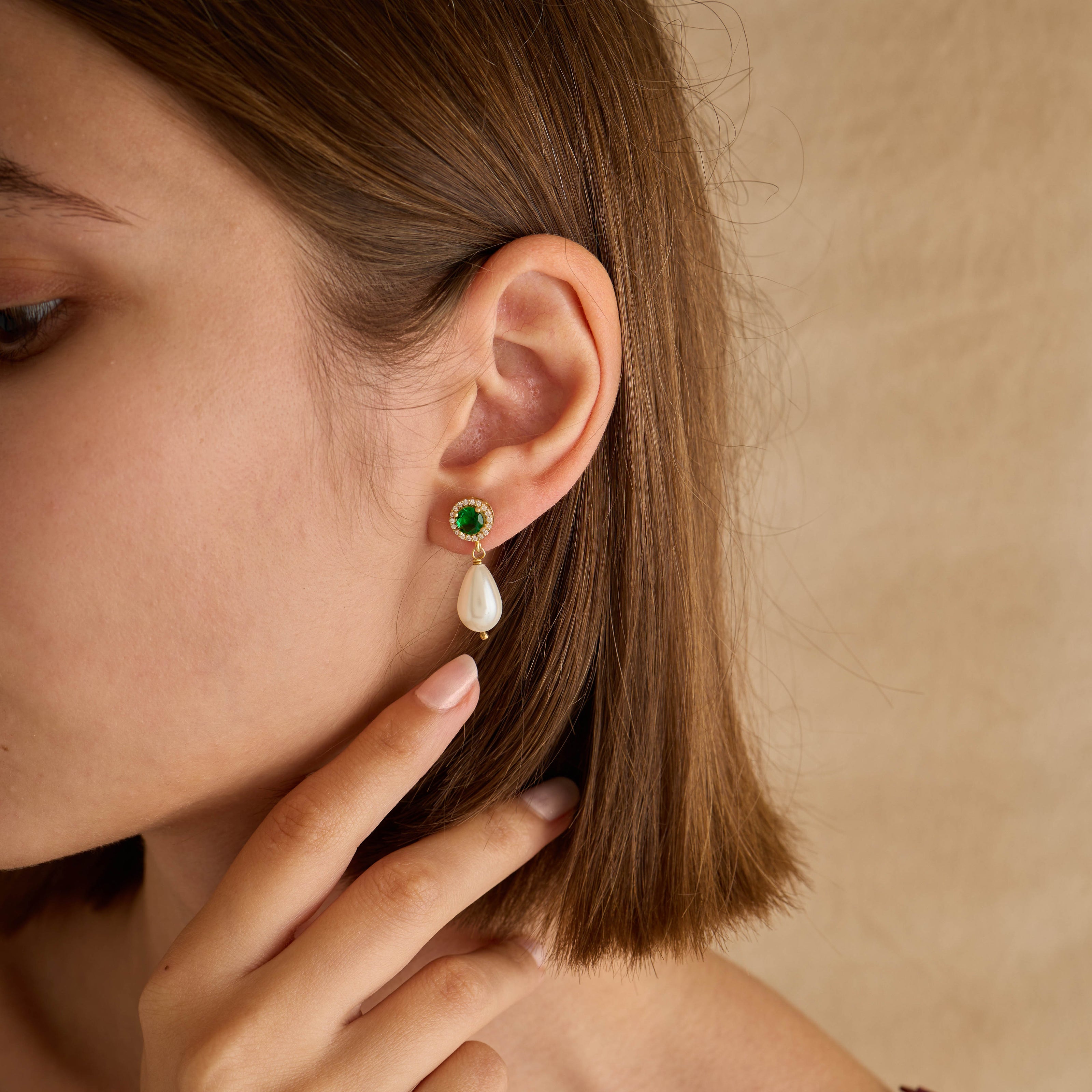Emerald Halo & Drop Pearl Earrings