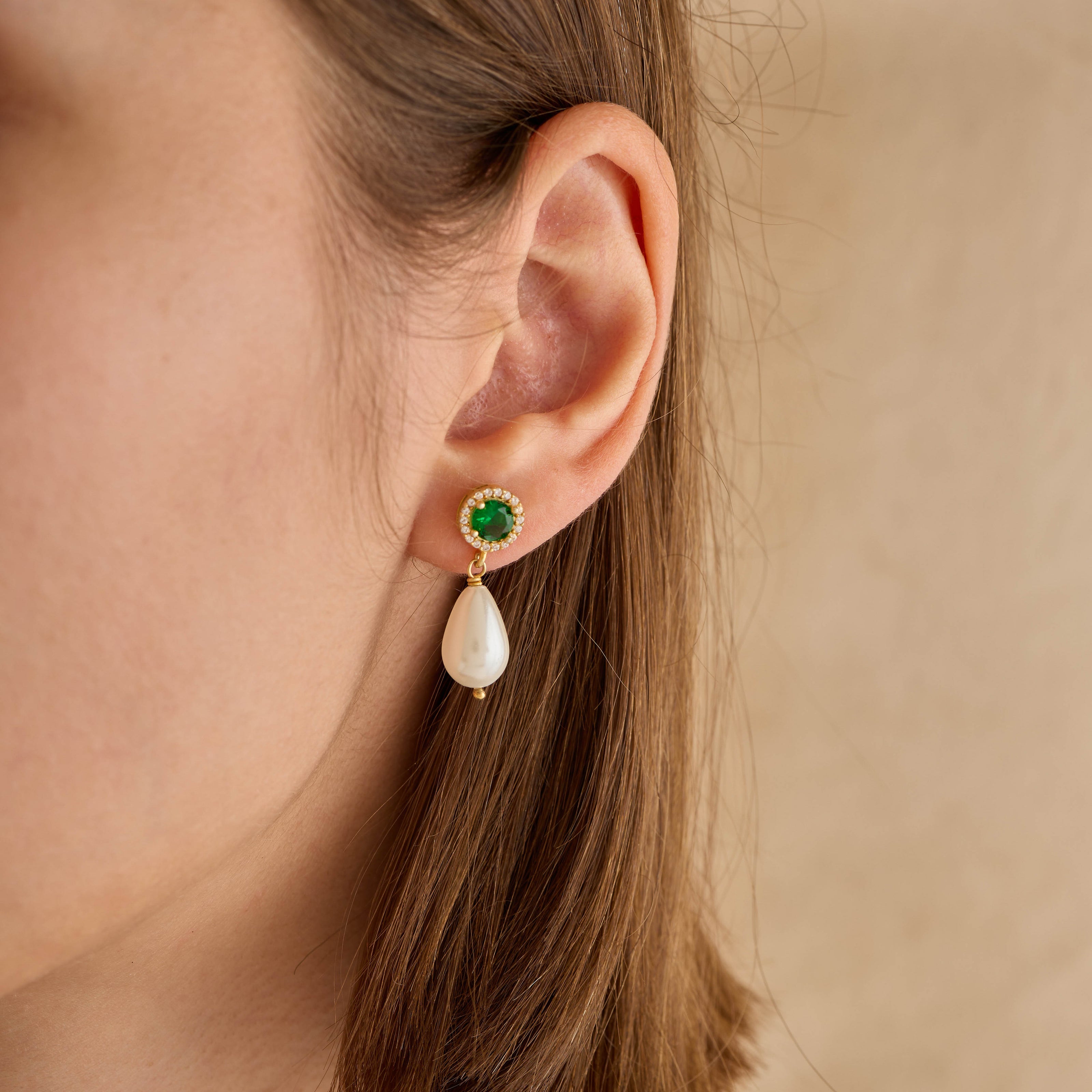 Emerald Halo & Drop Pearl Earrings