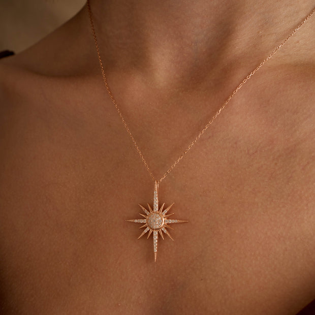 Handmade North Star Pave Necklace 925 Sterling Silver Celestial Compass Pendant