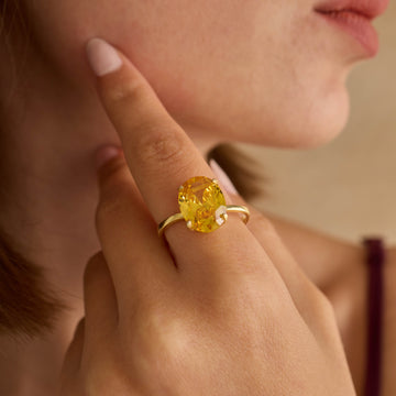 Citrine Ring Solitaire Citrine Engagement Ring Gold Statement Citrine Ring November Birthstone Ring 12 x 4 mm CZ Citrine Ring Gift for Her