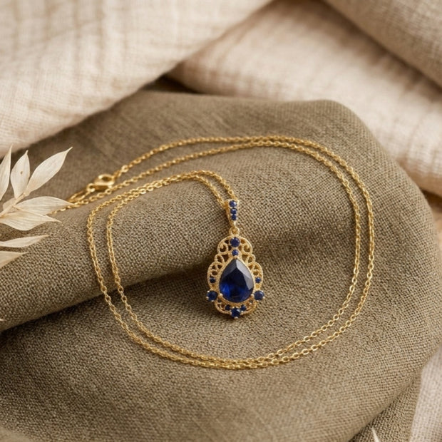 Dainty Pear Cut Blue Stone Pendant, Elegant Victorian Style Gold Necklace