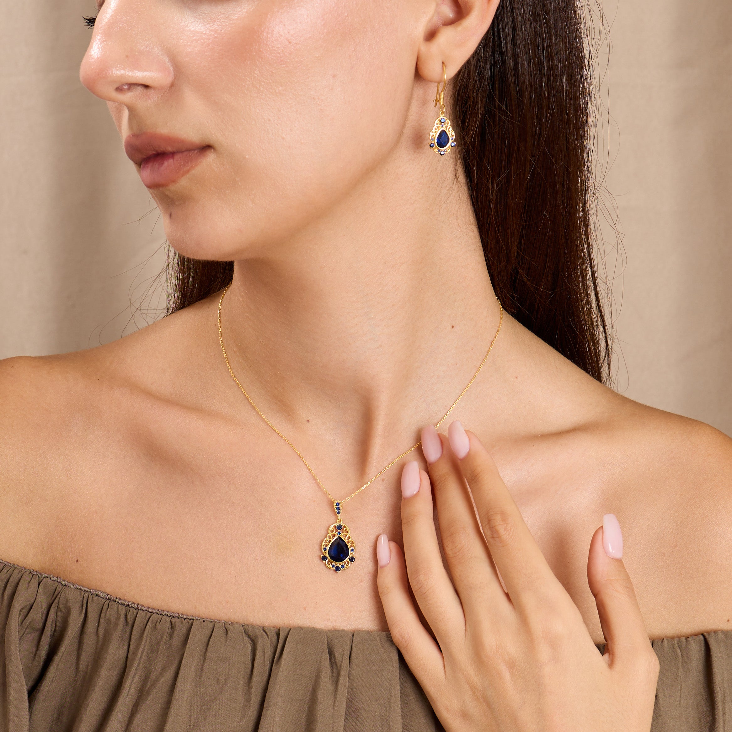 Dainty Pear Cut Blue Stone Pendant, Elegant Victorian Style Gold Necklace