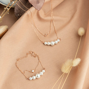 Pearl Layered Necklace Bracelet Set Silver