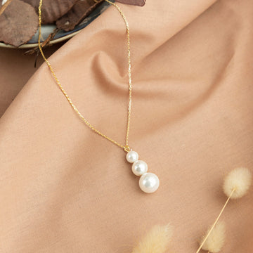 14k Solid Gold Triple Pearl Necklace