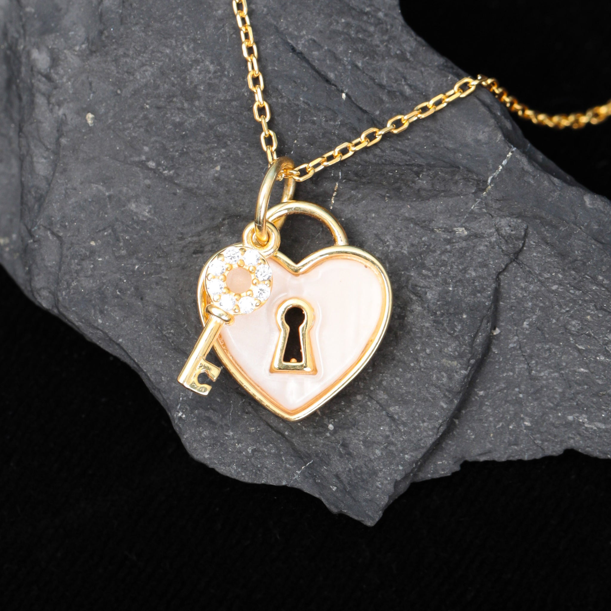 Heart Lock and Key Mother of Pearl Necklace Valentines Gift Heart Lock Pendant Key Pendant Dainty Necklace Mother Day Gift