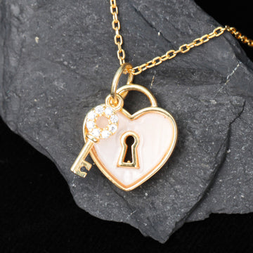 Heart Lock and Key Mother of Pearl Necklace Valentines Gift Heart Lock Pendant Key Pendant Dainty Necklace Mother Day Gift