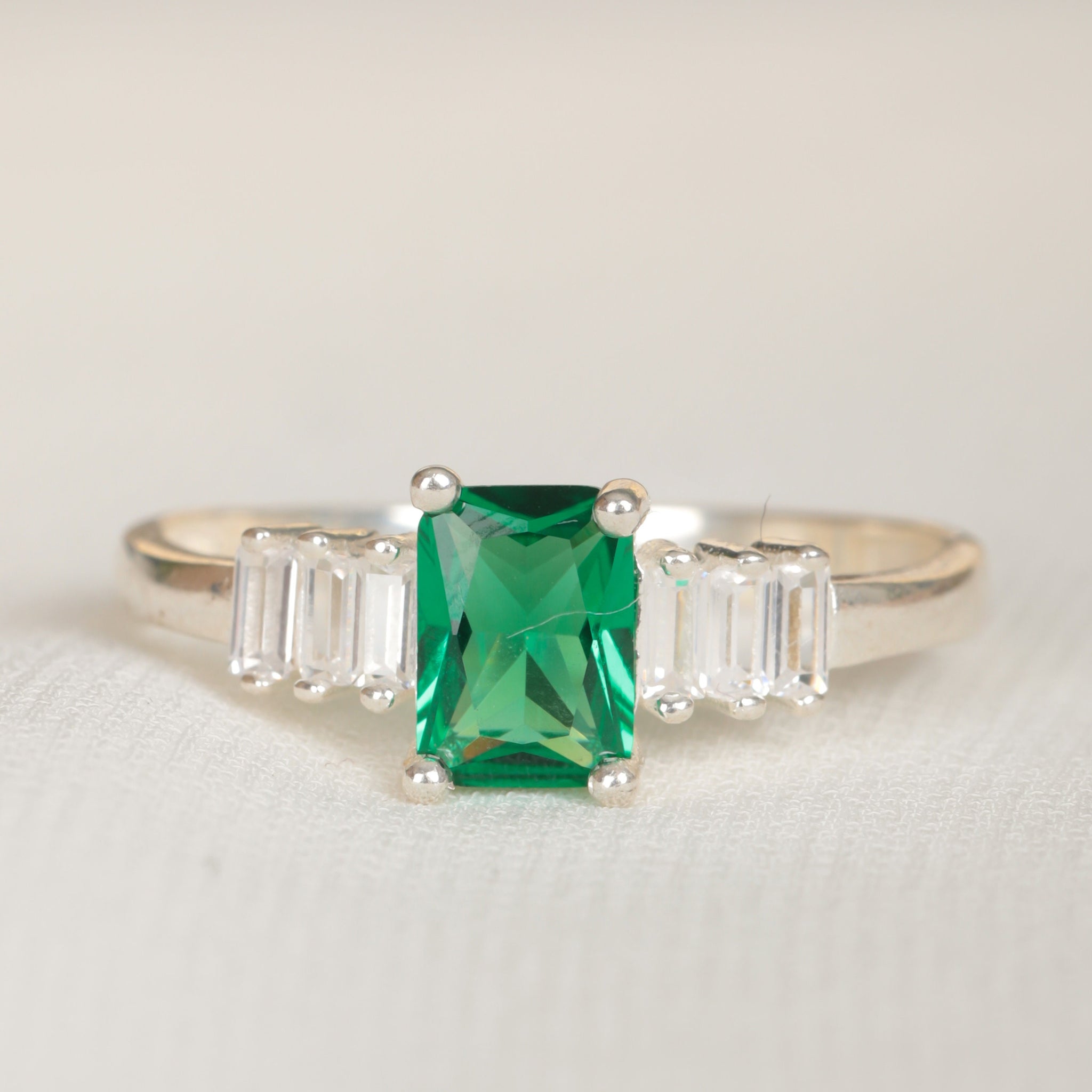 Green Emerald Baguette Ring Engagement Women Ring Emerald Dainty Ring May Birthstone Gift For Mommy Gift For Her