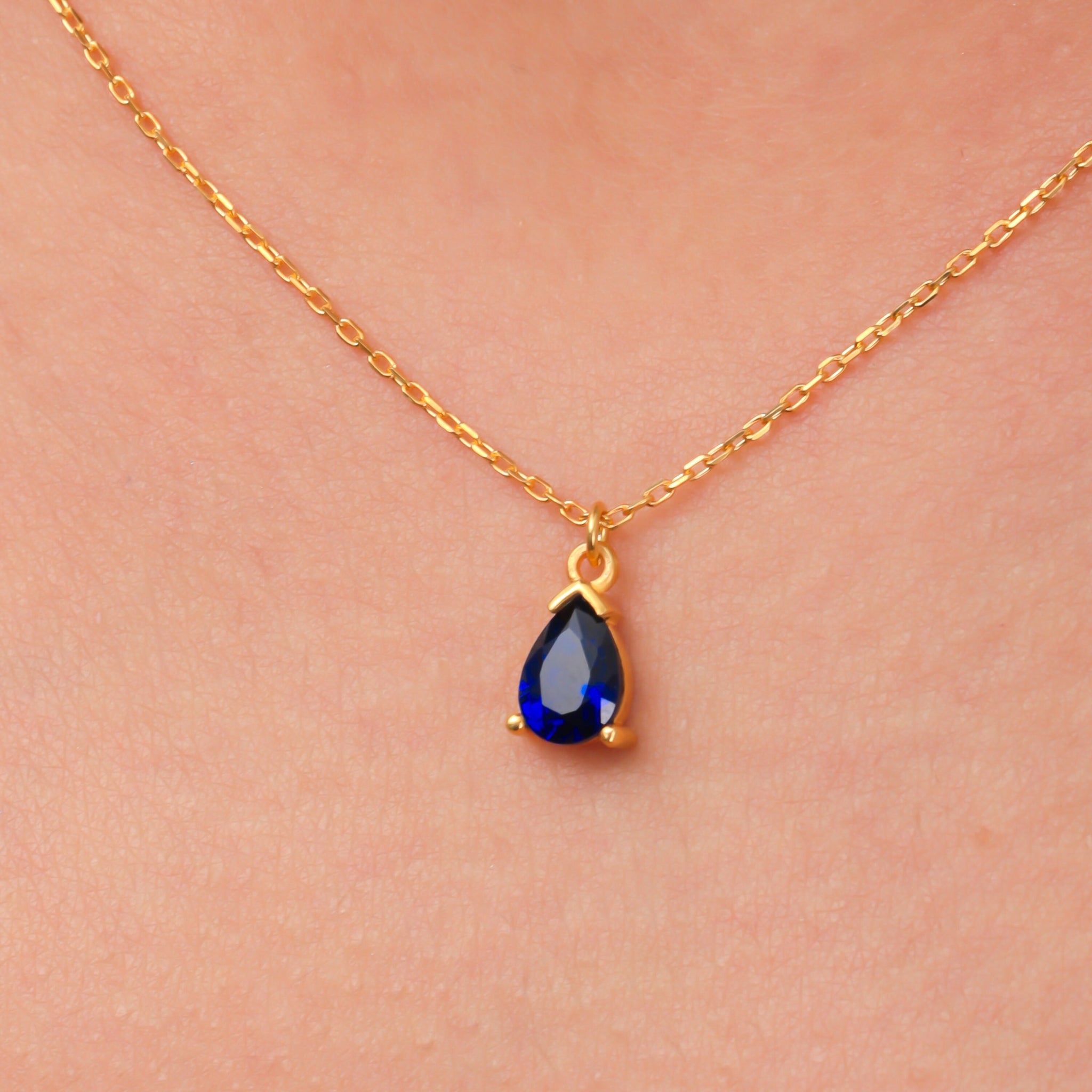 5th Wedding Anniversary Jewelry Gift Sapphire Teardrop Dainty Necklace Gold Filled Sapphire Jewelry Gift For Wife 4 Year Anniversary Gift