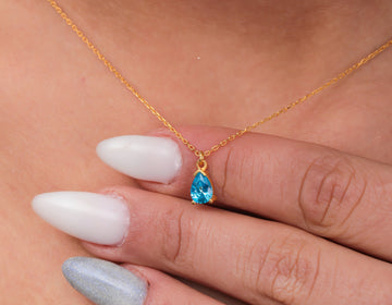 4th Wedding Anniversary Gift 14K Gold Blue Topaz Teardrop Necklace Dainty Gemstone Jewelry Anniversary Gift Her Blue Topaz Necklace