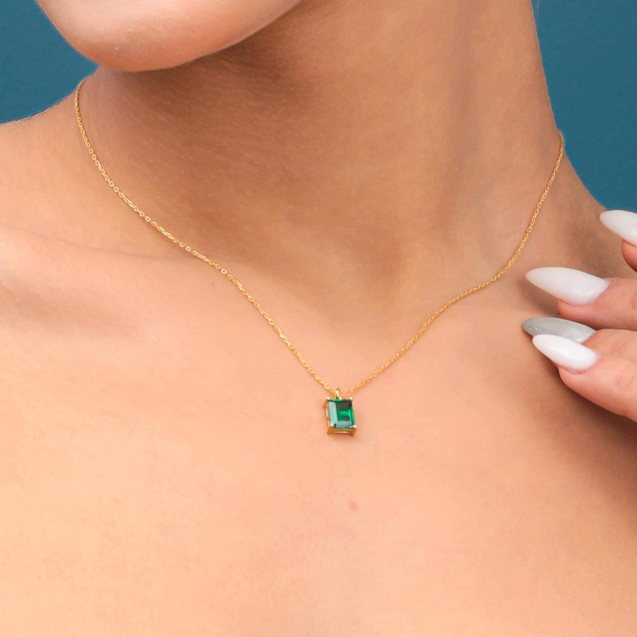 Emerald Chocker Rectangle Silver Small Necklace Beaded Green Emerald Tiny Rectangle Baguette Necklace Emerald Pendant Gift For Her